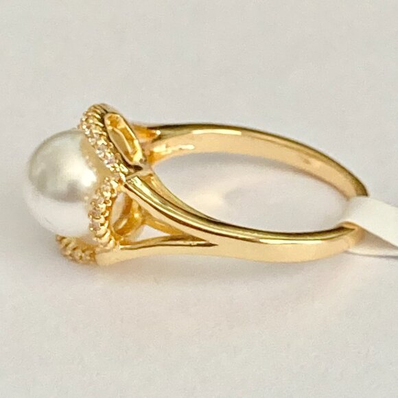 Art Deco Cubic Zirconia White Pearl Cocktail Ring Yellow Gold Plated Size 7 8 9 - Picture 10 of 16